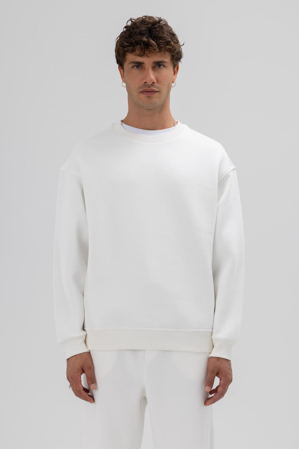 Basic Bisiklet Yaka Oversize Sweatshirt Ekru