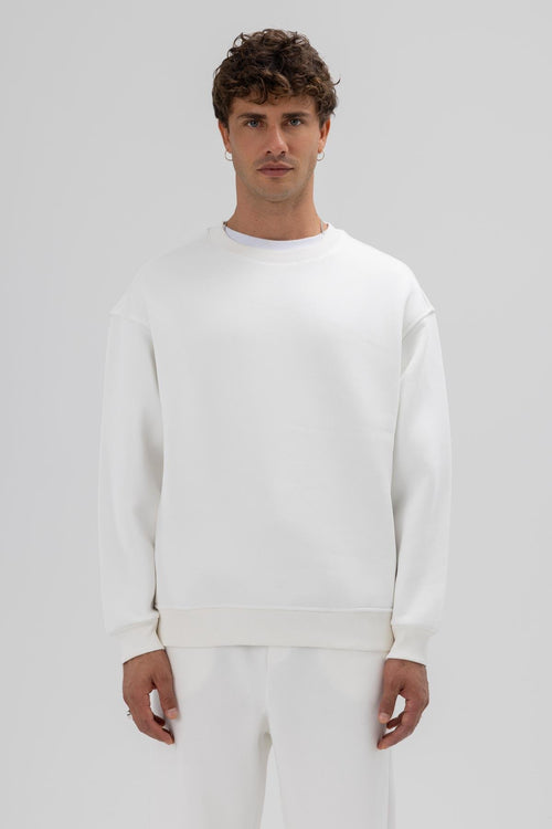 Basic Bisiklet Yaka Oversize Sweatshirt Ekru