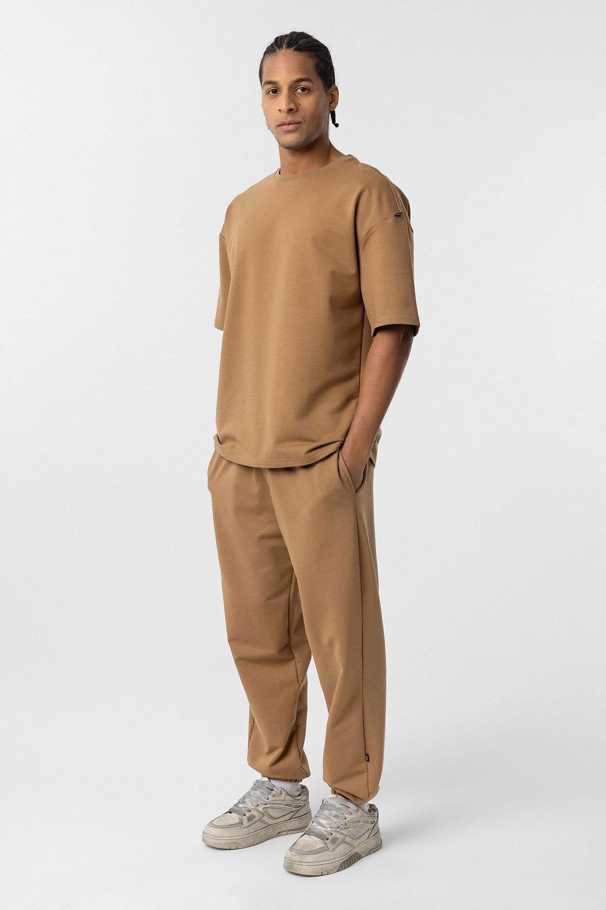 Paça Lastikli Basic Oversize Eşofman Takımı Camel